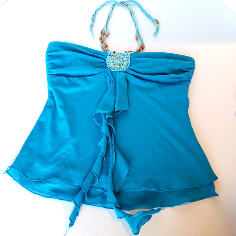 Three Pink Hearts Trixxie Teal Halter Top Large